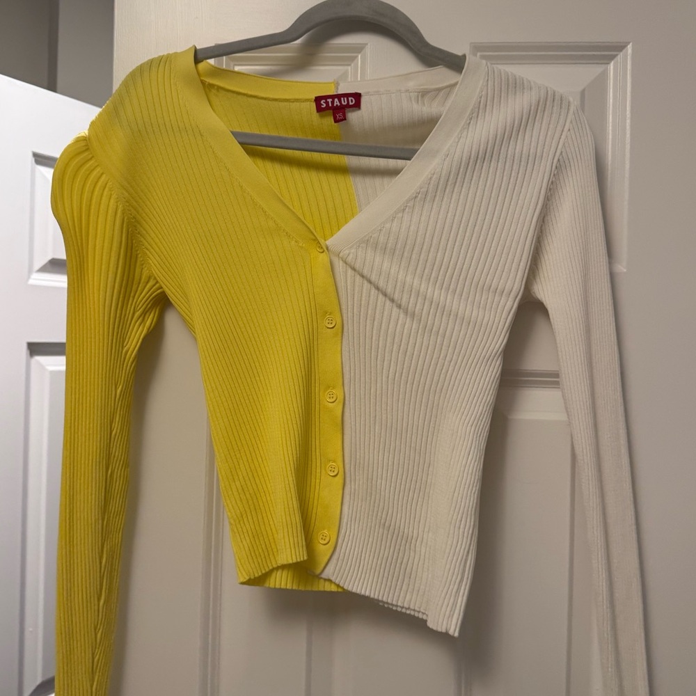 STAUD Two-Tone Yellow and White Cardigan